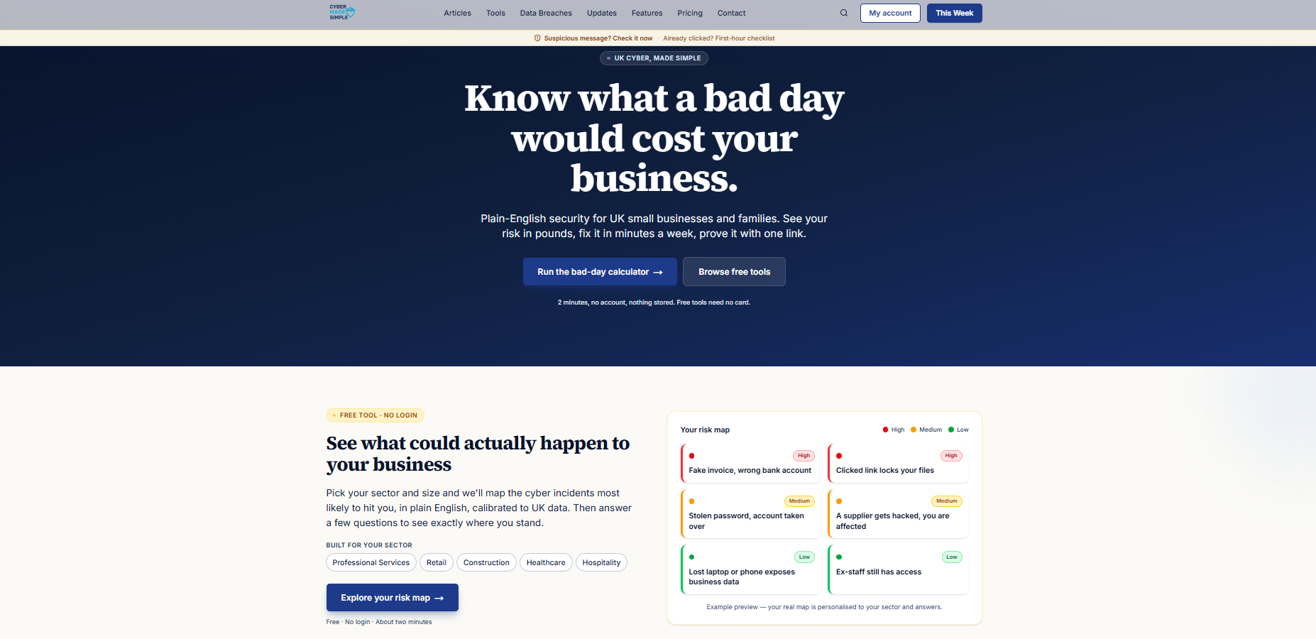 The Cyber Made Simple home page, headed "Know what a bad day would cost your business", with a risk map listing the incidents most likely to hit a firm.